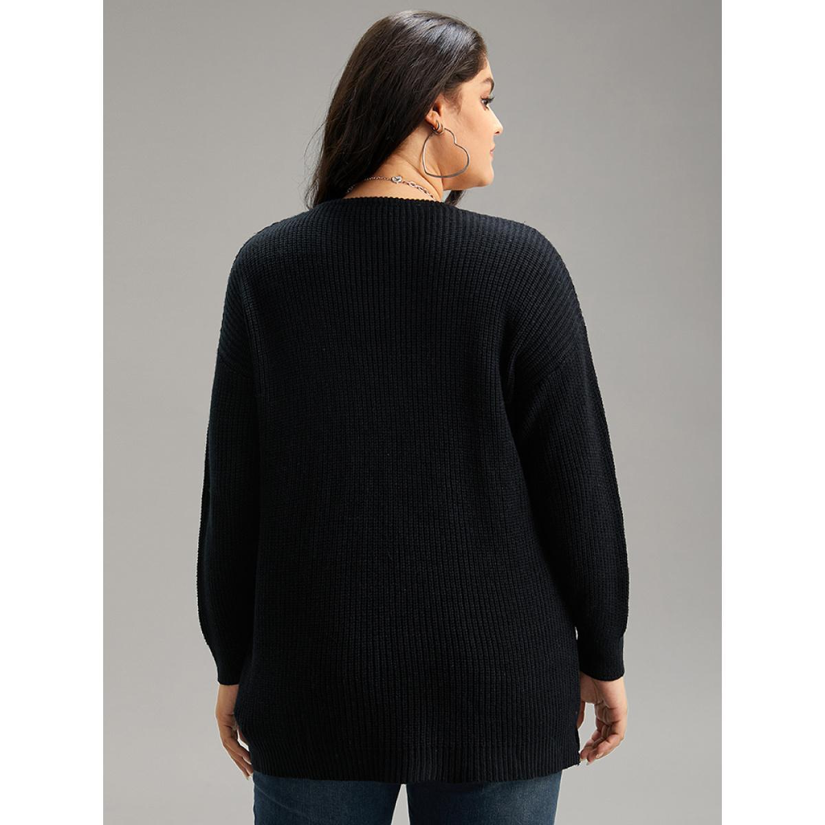 Plus Size Plain Floral Broderie Anglaise Contrast Pullover Black Women Casual Loose Long Sleeve V-neck Dailywear Pullovers BloomChic 18-20/2X Product Image