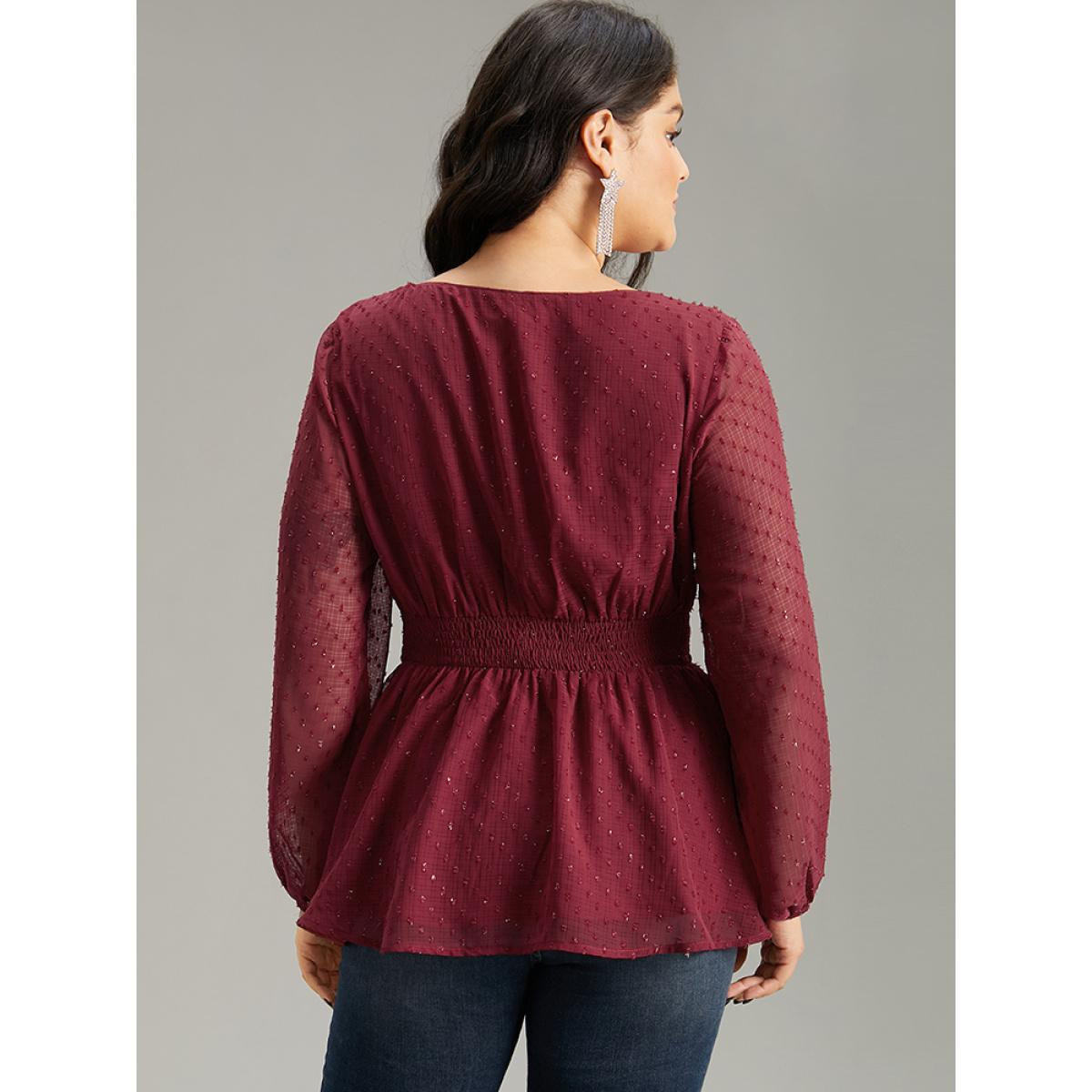Plus Size Burgundy Plain Textured Shirred Lantern Sleeve Blouse Women Glamour Long Sleeve V-neck Work Blouses BloomChic 26/4X Product Image