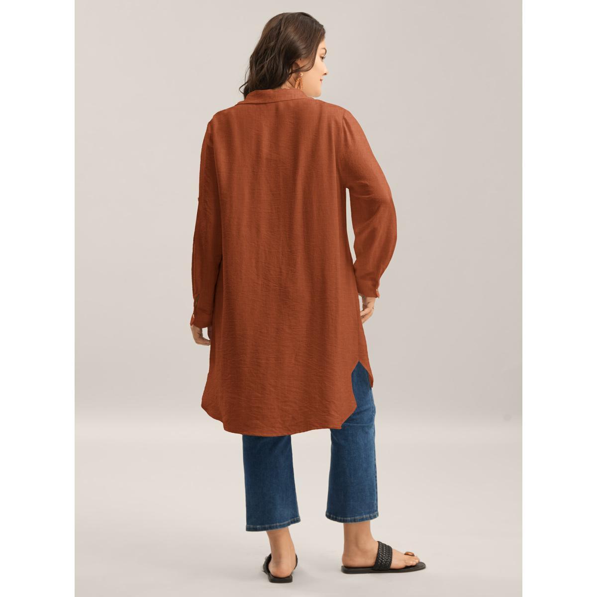 Plus Size Browncoffeecolor Front-Open Long Basic Blouse Women Long Sleeve Shirt collar Vacation Blouses BloomChic 12/L Product Image
