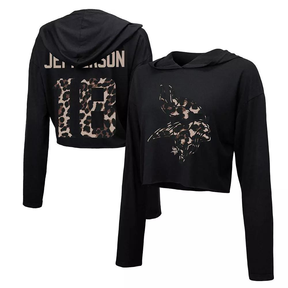 Women's Majestic Threads Justin Jefferson Black Minnesota Vikings Leopard Player Name & Number Long Sleeve Cropped Hoodie, Size: Medium Product Image