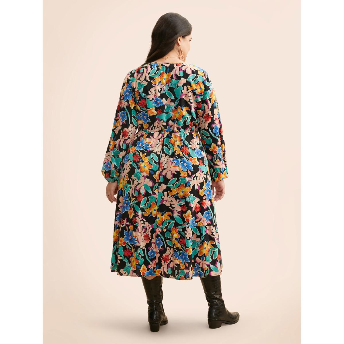 Plus Size Colored Floral Notched Elastic Waist Midi Dress Black Women Elegant Gathered Flat collar with V-notch Extra Long Sleeve Curvy BloomChic 10/M Product Image