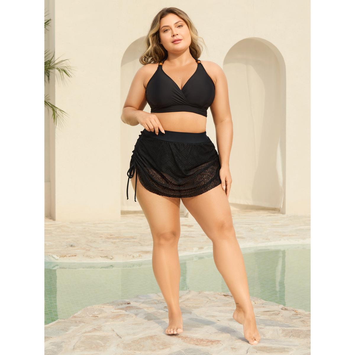 Plus Size Lace Adjustable Coverage Drawstring Swim Bottoms Women's Swimwear Black Beach See through High stretch Skinny Mid Rise Curve Swim Bottoms BloomChic 10/M Product Image
