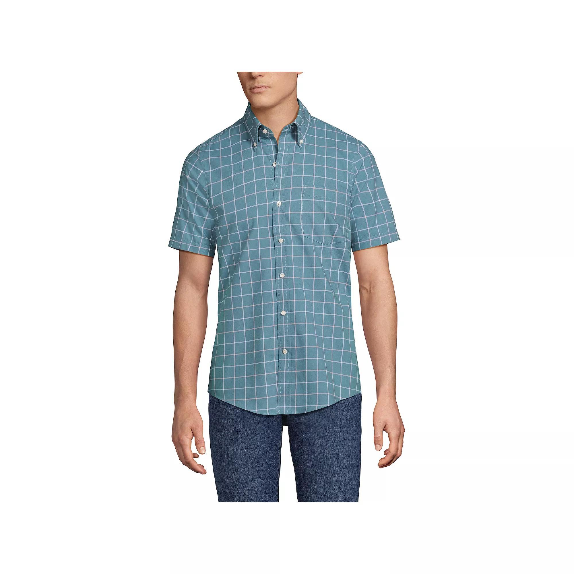 Big & Tall Lands' End No-Iron Button-Down Shirt, Men's, Size: Large Tall, Rain Blue Windowpane Product Image