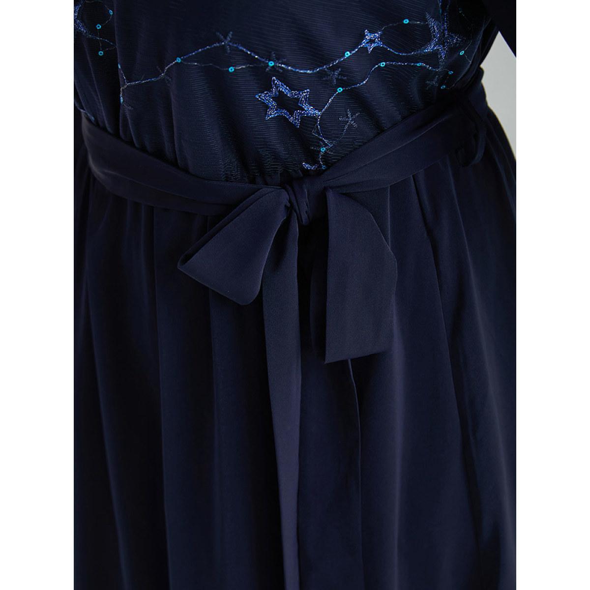 Plus Size Star Sequin Mesh Layered Sleeve Dress DarkBlue Women Party Belted Round Neck Long Sleeve Curvy Midi Dress BloomChic 12/L Product Image