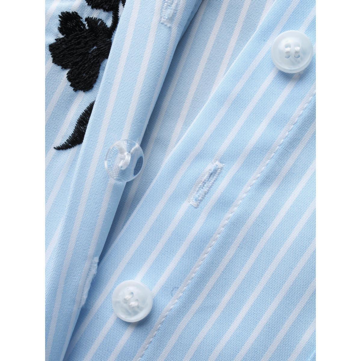 Plus Size LightBlue Floral Embroidered Striped Patched Pocket Blouse Women Elegant Elbow-length sleeve Shirt collar Everyday Blouses BloomChic 18-20/2X Product Image
