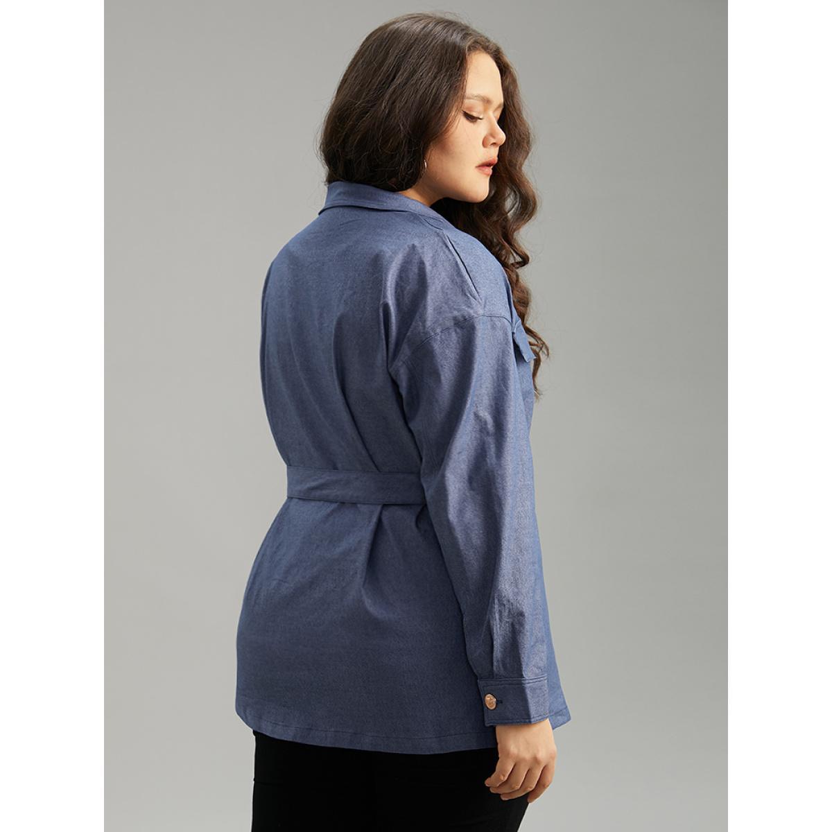 Plus Size Plain Ties Pocket Button Through Shacket Women Indigo Casual Plain Ladies Dailywear Winter Coats BloomChic 18-20/2X Product Image