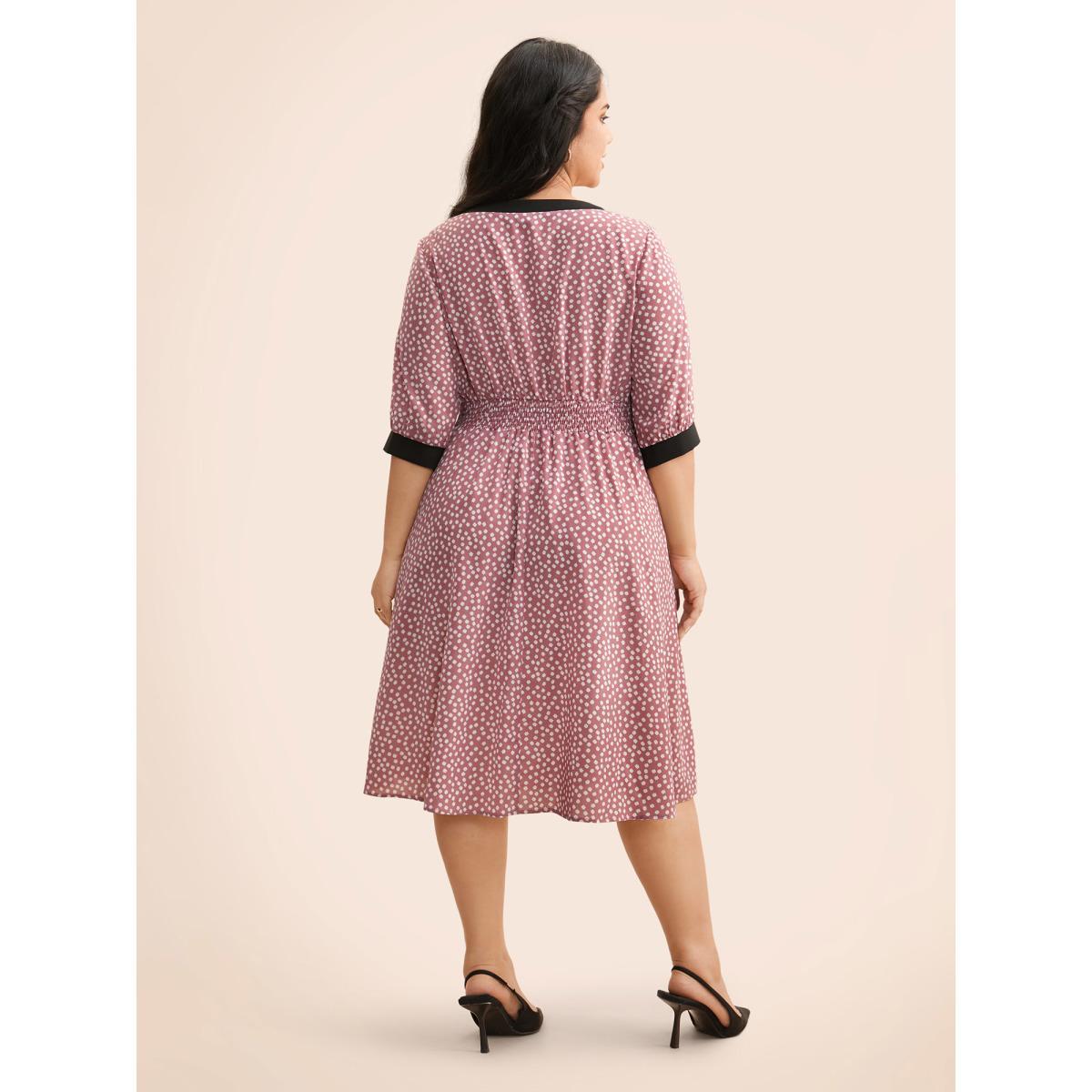 Plus Size Ditsy Floral Contrast Trim Button Detail Dress DustyPink Women Elegant Gathered Boat Neck Half Sleeve Curvy BloomChic 30/6X Product Image