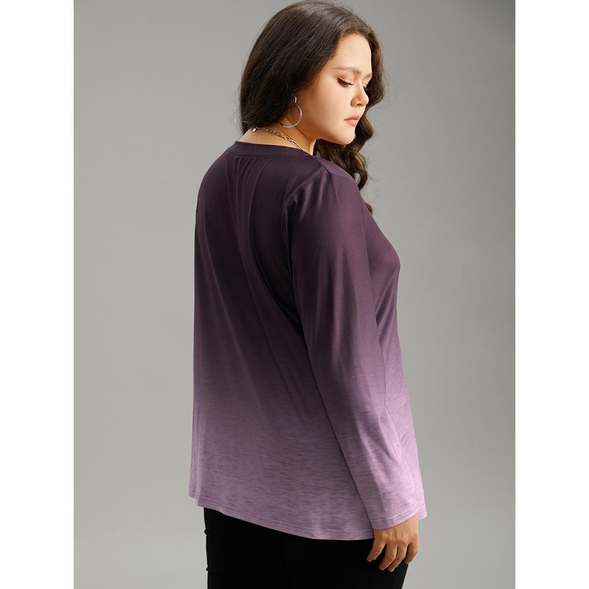 Plus Size Ombre V Neck Slightly Stretchy T-shirt Purple Women Casual Plain Ombre V-neck Everyday T-shirts BloomChic 12/L Product Image