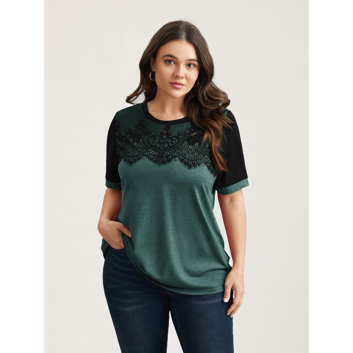 Plus Size Stretchy Scalloped Lace Color Contrast T-Shirt Indigo Women Elegant Contrast Round Neck Everyday T-shirts BloomChic 22-24/3X Product Image