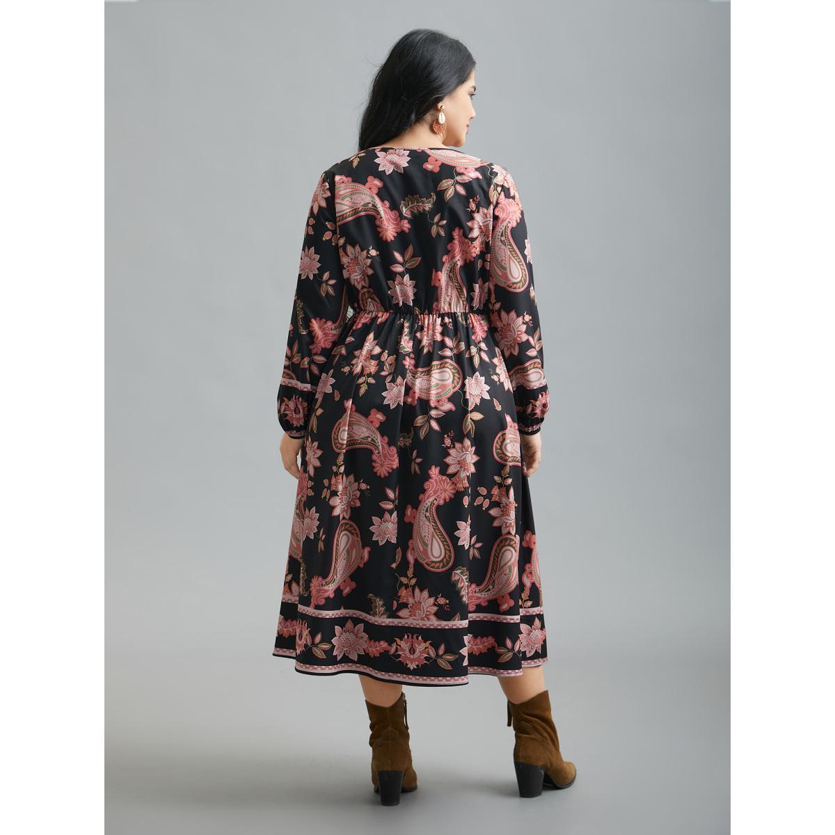 Plus Size Floral Boho Print Neck Cut-Out Dress Black Women Resort Cut-Out Notched collar Long Sleeve Curvy BloomChic 22-24/3X Product Image
