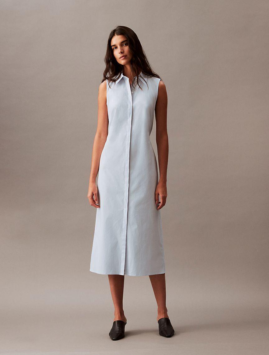 Calvin Klein Womens Stretch Poplin Cutout Shirt Dress - Blue - XS Product Image