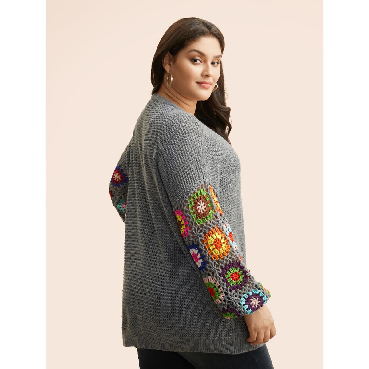 Plus Size Crochet Floral Drop Shoulder Cut Out Cardigan DarkGray Women Resort Loose Long Sleeve Vacation Cardigans BloomChic 26/4X Product Image