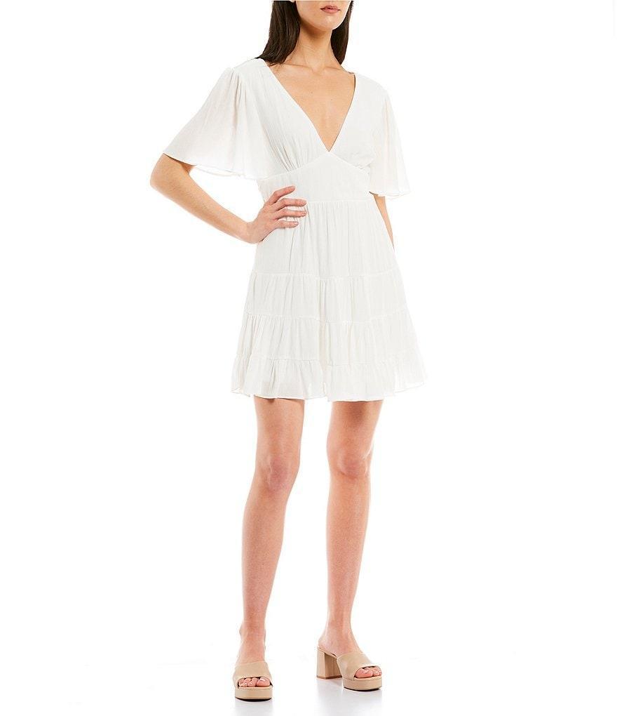 B. Darlin Flutter Short-Sleeve Deep V-Neck Ruffled Tier Fit-And-Flare Dress Product Image