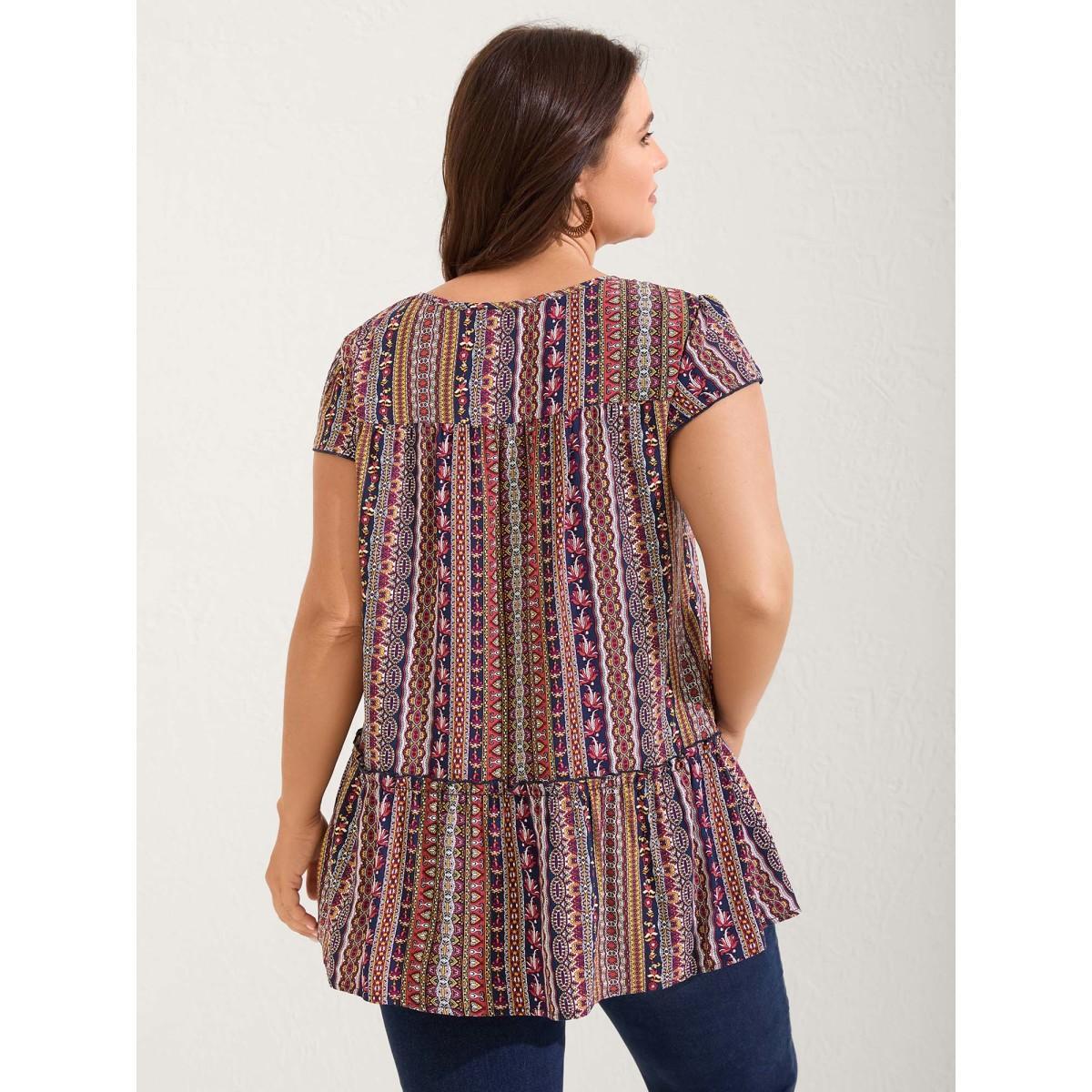 Plus Size Midnight Boho Stripes Tiered Ruffle Blouse Women Cap Sleeve Round Neck Vacation Blouses BloomChic 18-20/2X Product Image