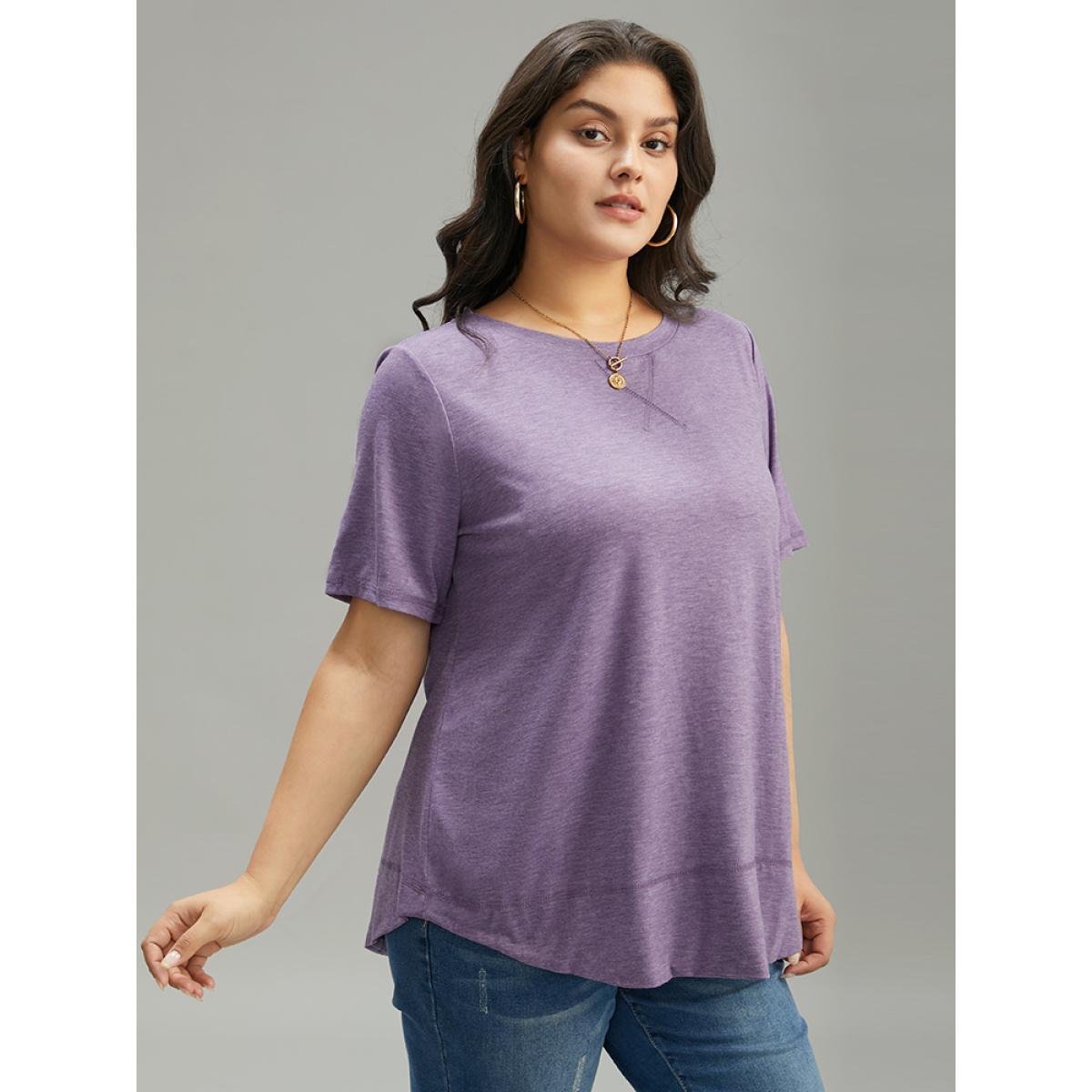 Plus Size Contrast Stitch Round Neck Curved Hem T-shirt Purple Women Casual Plain Plain Round Neck Dailywear T-shirts BloomChic 22-24/3X Product Image