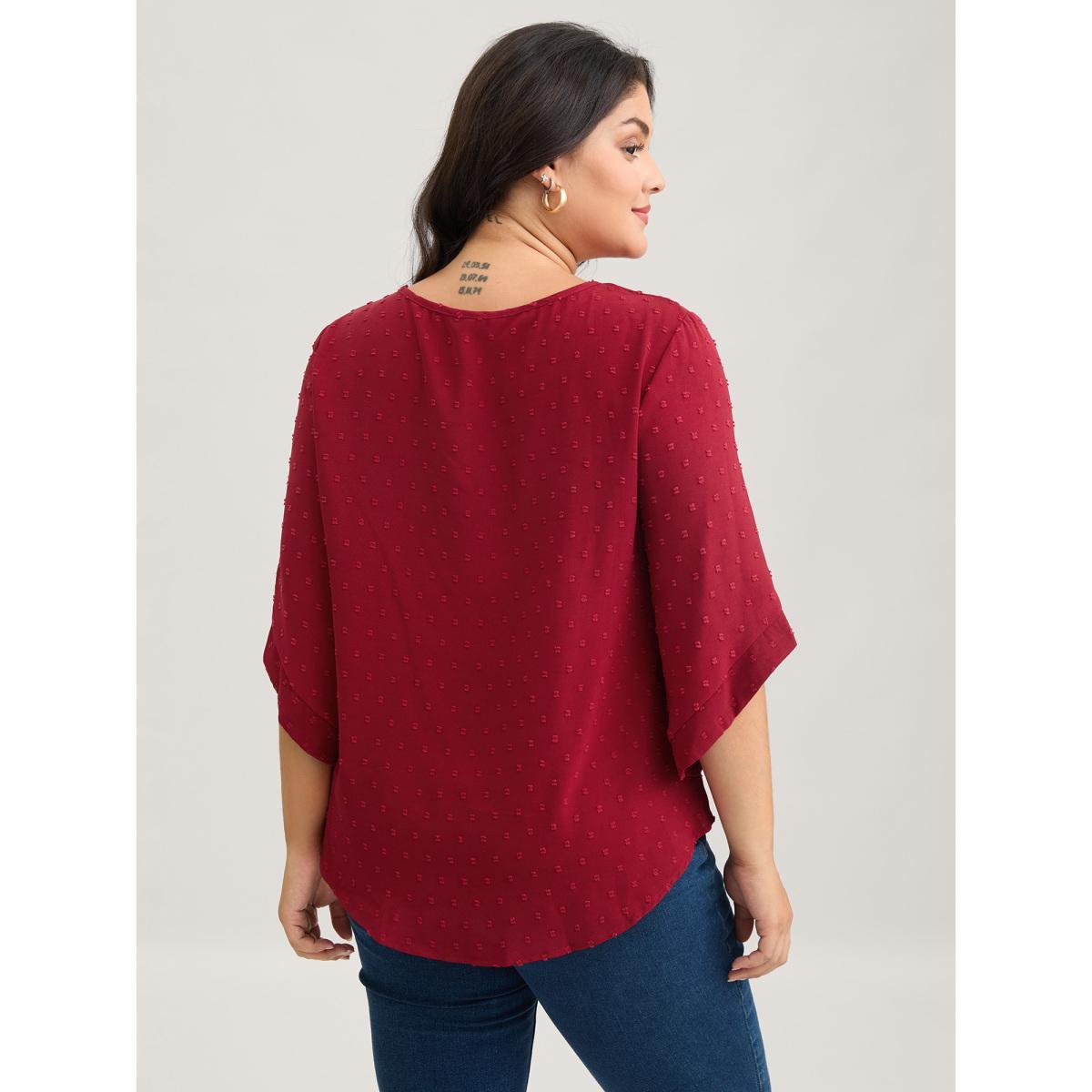 Plus Size Deepred Textured Round Neck Bell Sleeve Blouse Women Elegant Elbow-length sleeve Round Neck Everyday Blouses BloomChic 30/6X Product Image
