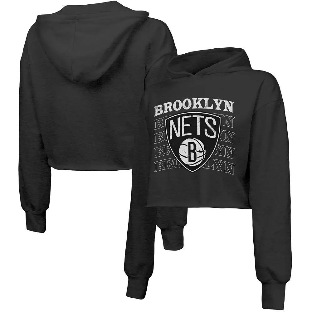Women's Majestic Threads Black Brooklyn Nets Repeat Cropped Tri-Blend Pullover Hoodie, Size: 2XL Product Image