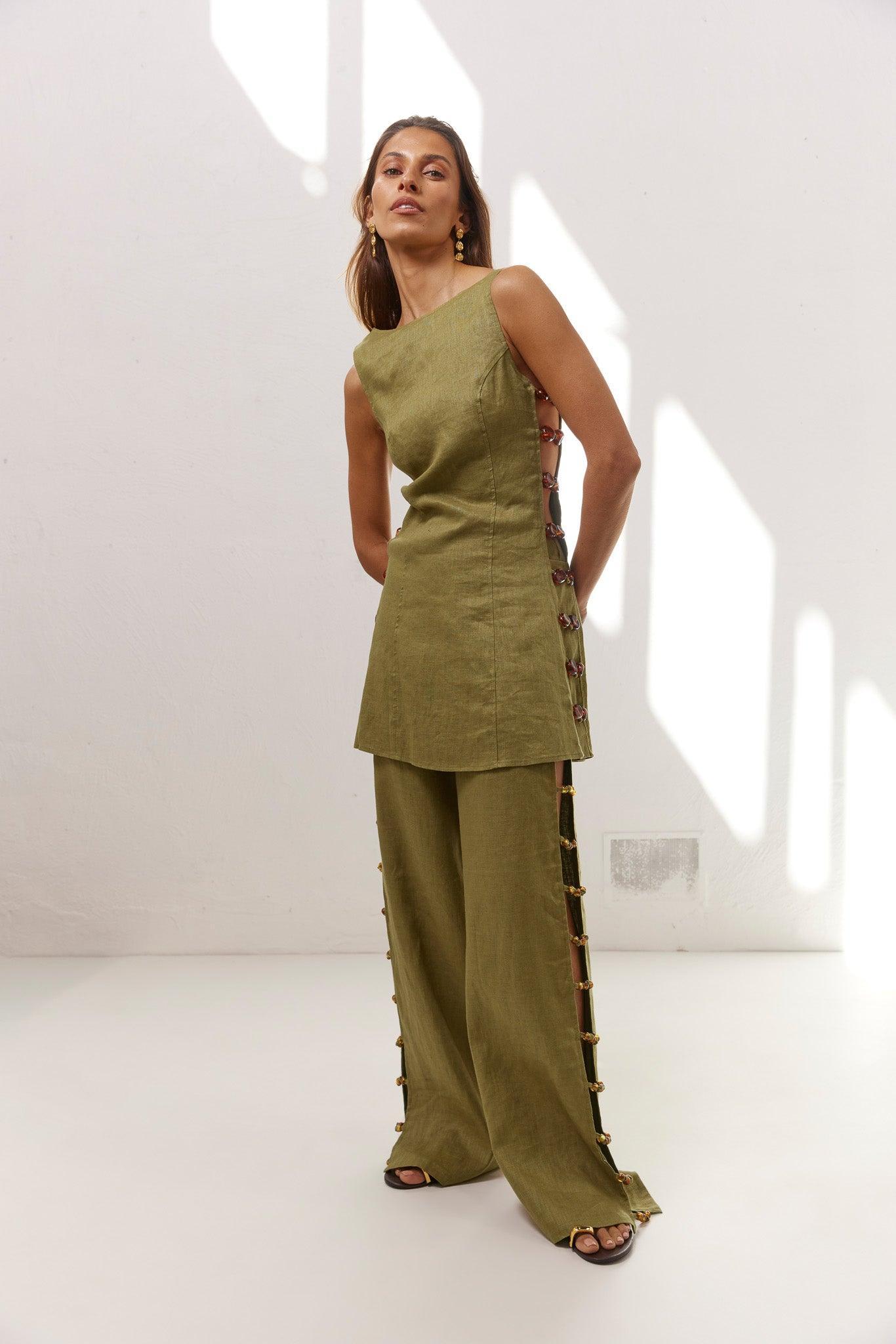 Tia Linen Mini Dress Olive Product Image