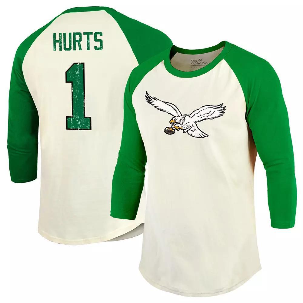 Men's Majestic Threads Jalen Hurts Cream/Kelly Green Philadelphia Eagles Alternate Player Name & Number Raglan 3/4-Sleeve T-Shirt, Size: 2XL, Beige Product Image
