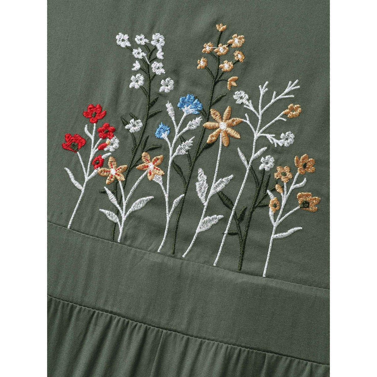 Plus Size Rayon Floral Embroidery Stretchy Waist Midi Dress ArmyGreen Women Non Sleeveless Curvy BloomChic 26/4X Product Image