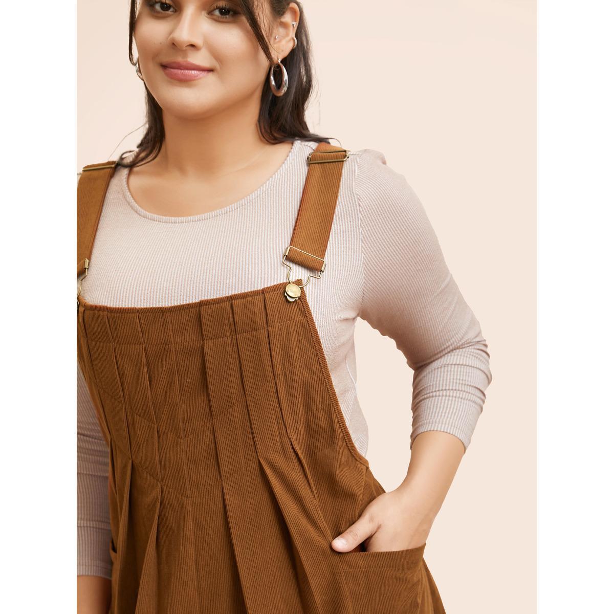 Plus Size Solid Corduroy Pleated Overall Dress Bronze Women Casual Texture Non Sleeveless Curvy BloomChic 26/4X Product Image