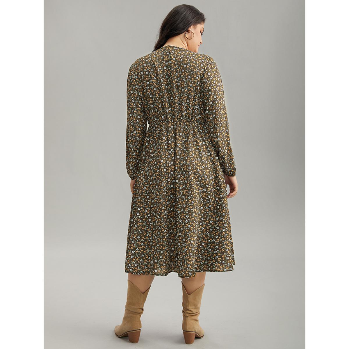 Plus Size Ditsy Floral Pocket Lantern Sleeve Knee Dress Bronze Women Elegant Elastic cuffs Round Neck Long Sleeve Curvy Midi Dress BloomChic 10/M Product Image