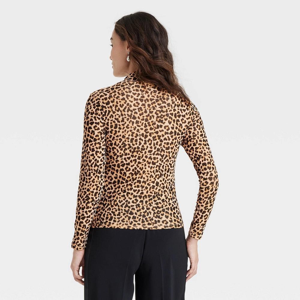 Women's Slim Fit Long Sleeve Mesh Turtleneck Blouse - A New Day™ Brown Leopard Print M Product Image