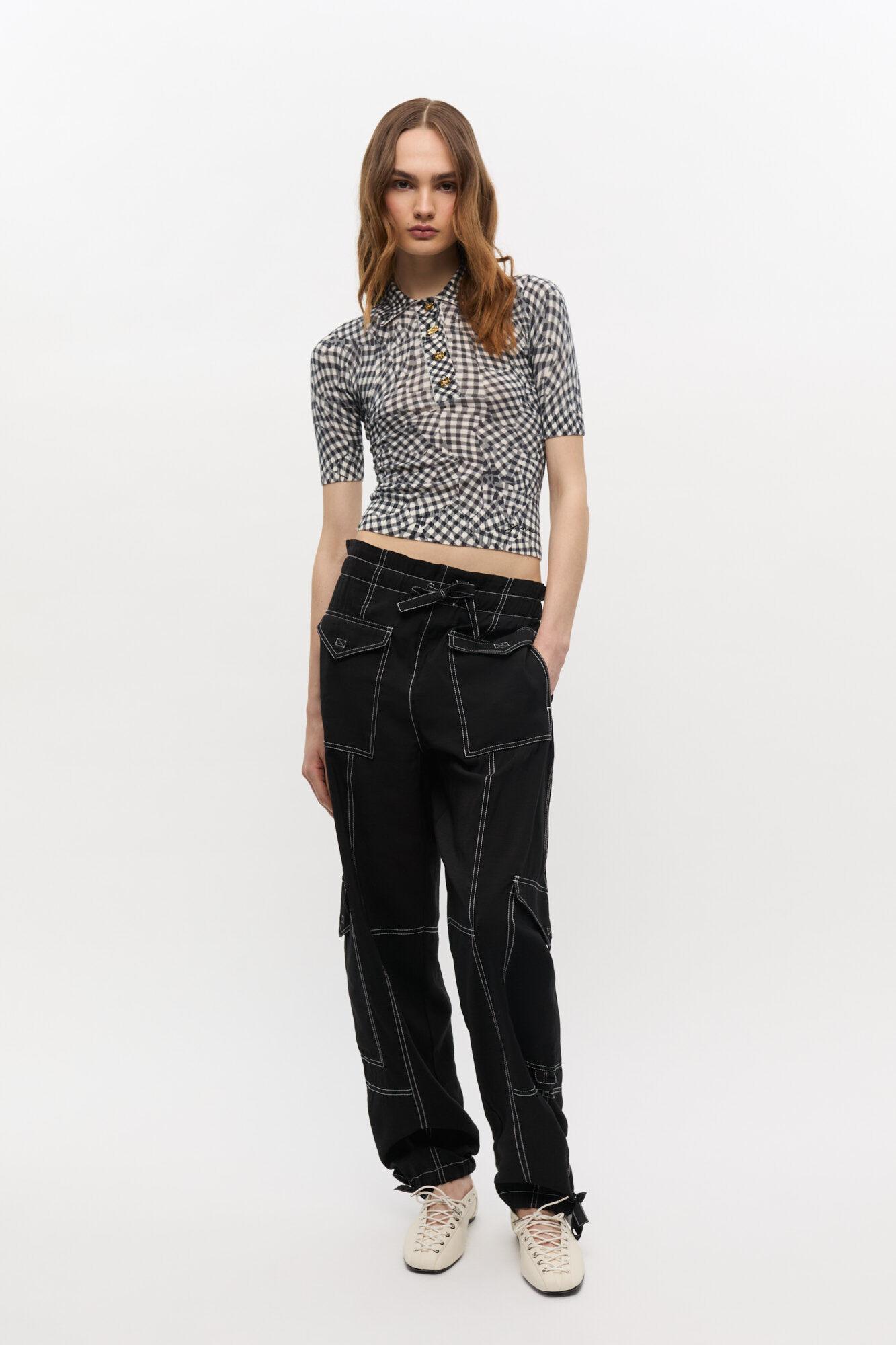 Black Sheer Cotton Printed Polo Shirt Product Image