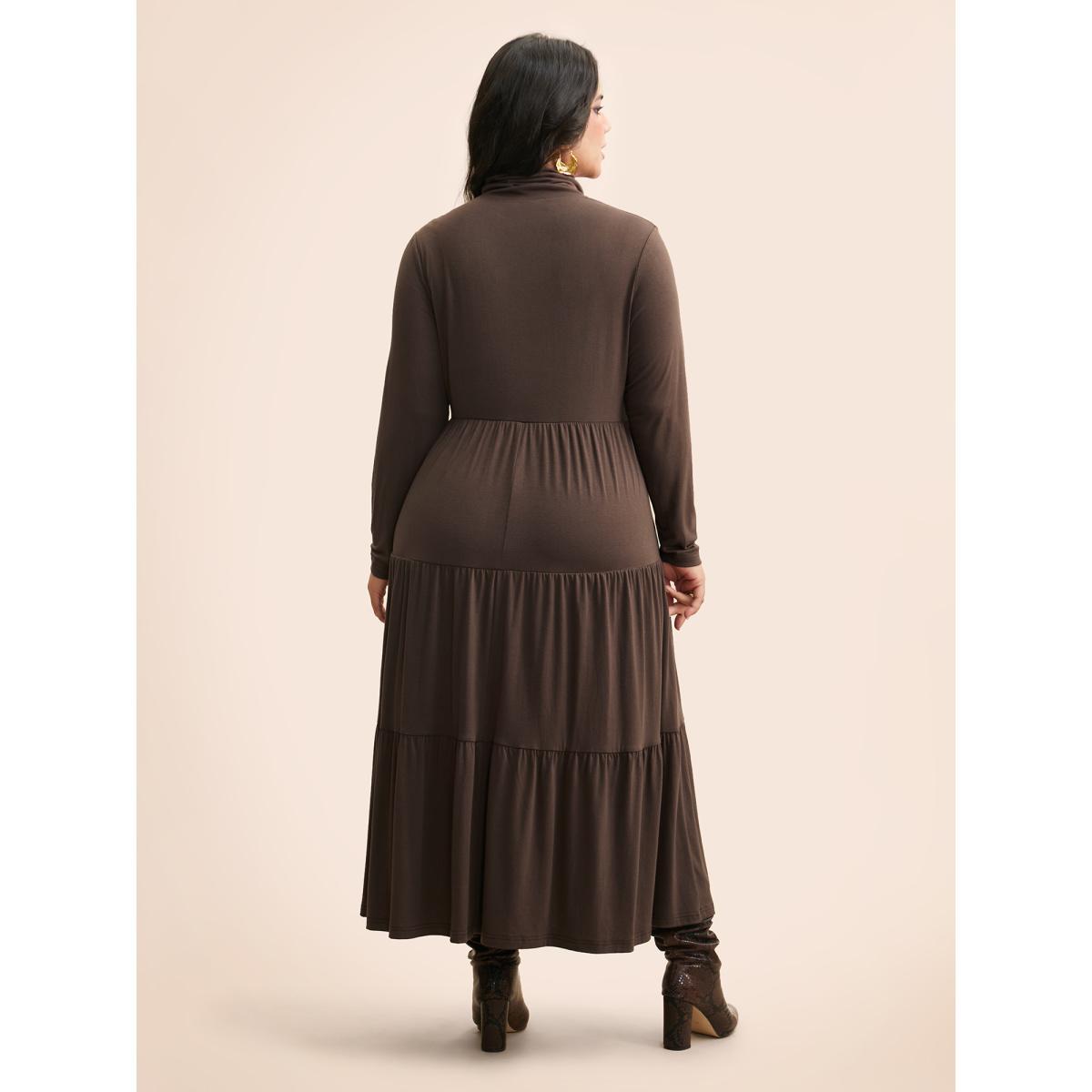 Plus Size Supersoft Essentials Funnel Neck Tiered Midi Dress DarkBrown Women Casual Ruffles Mock Neck Long Sleeve Curvy BloomChic 18-20/2X Product Image