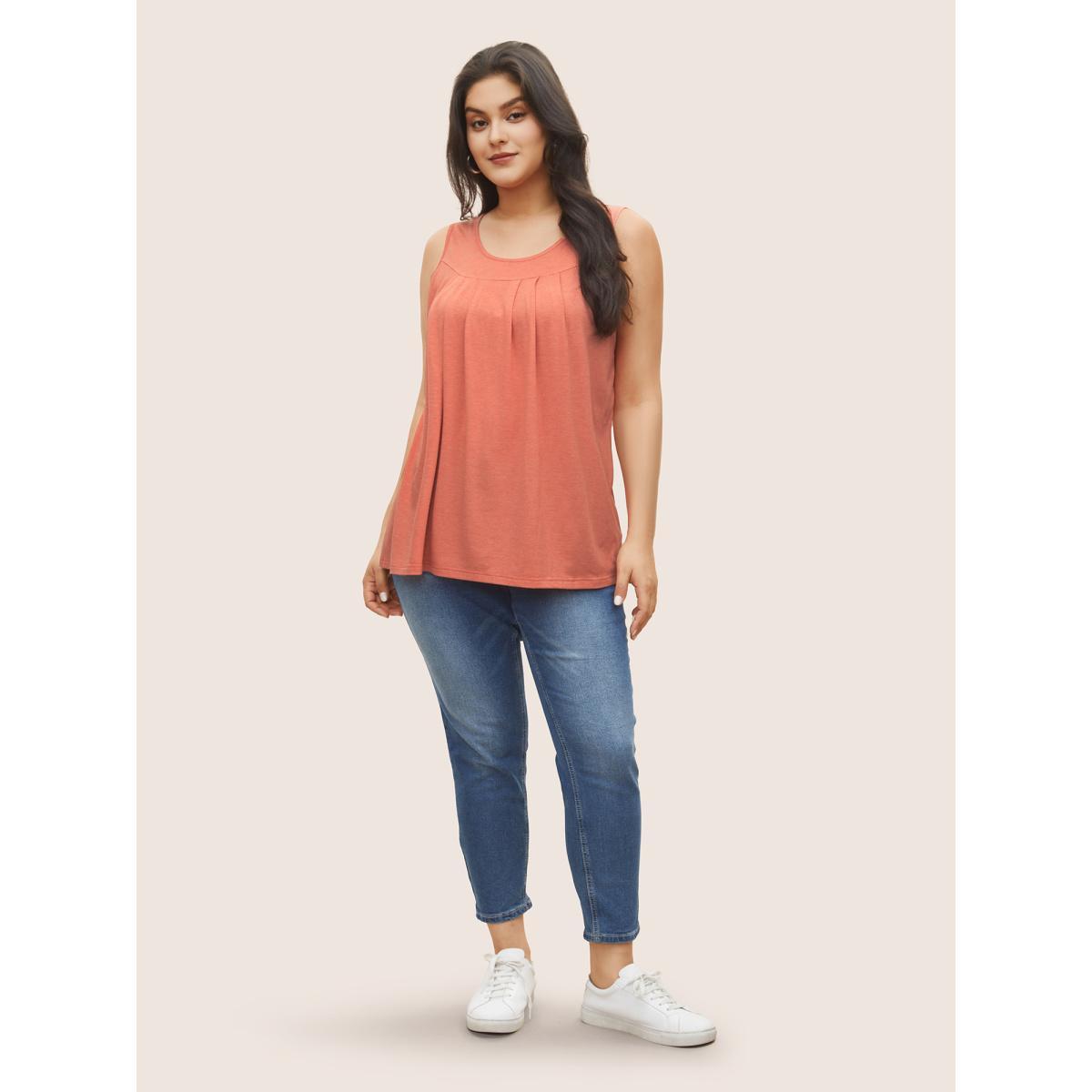 Plus Size Plain Round Neck Plicated Detail Tank Top Women Salmon Elegant Non U-neck Everyday Tank Tops Camis BloomChic 28/5X Product Image