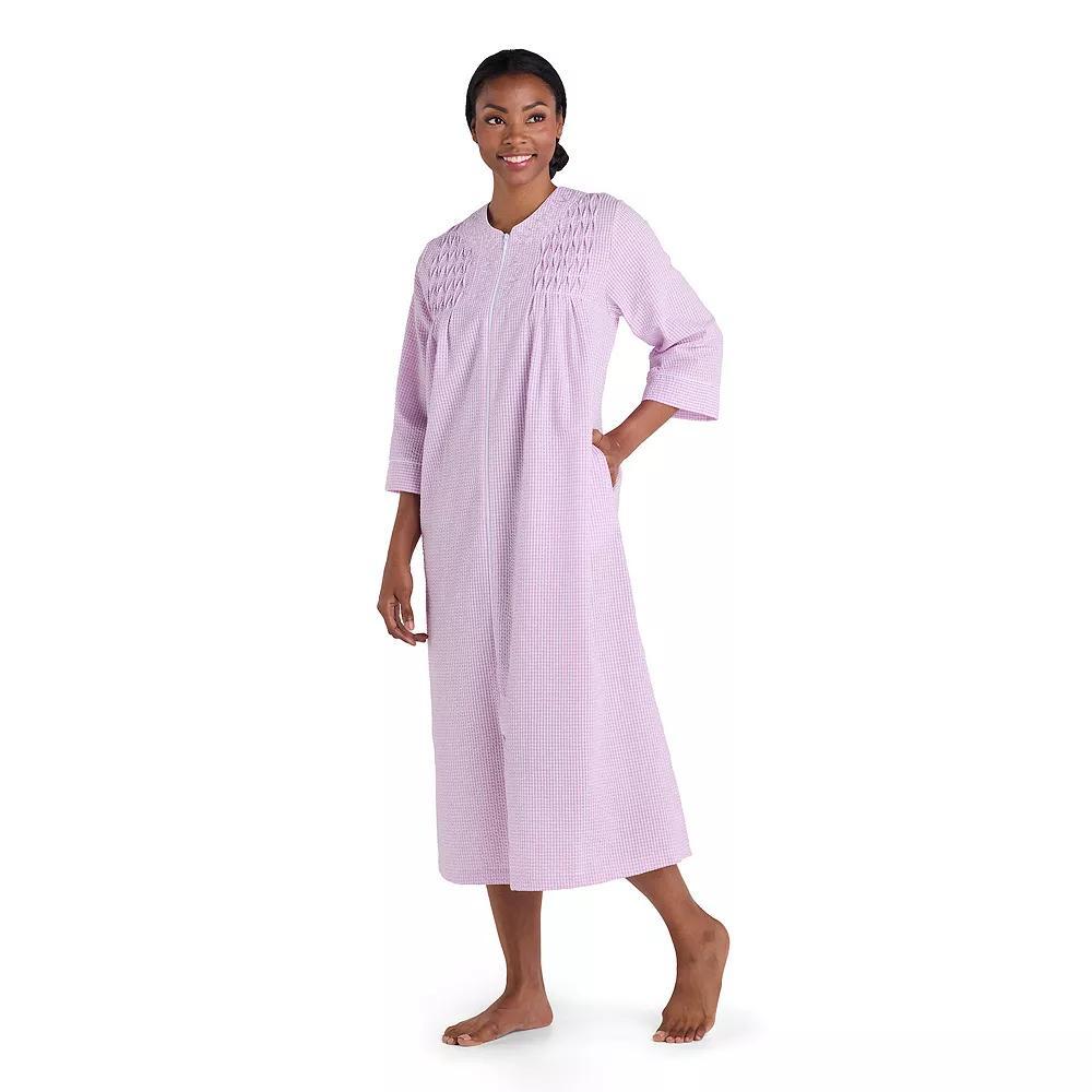 Petite Miss Elaine Essentials Seersucker Long Zip Robe, Women's, Size: Medium Petite, Purple White Check Product Image