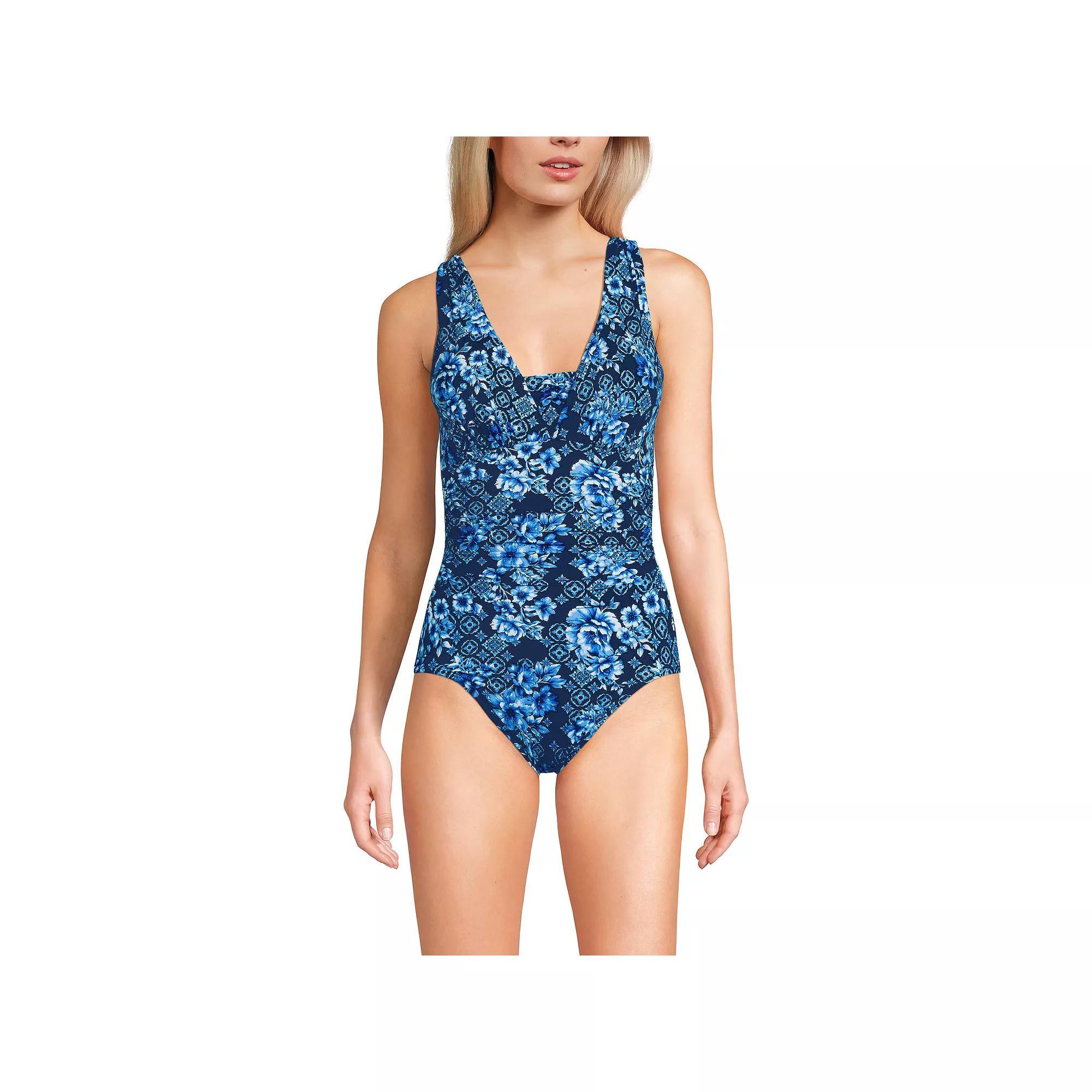 Women's Lands' End D-Cup Slender Grecian Tummy-Control One-Piece Swimsuit, Size: 14D, Red Rose Purple Product Image