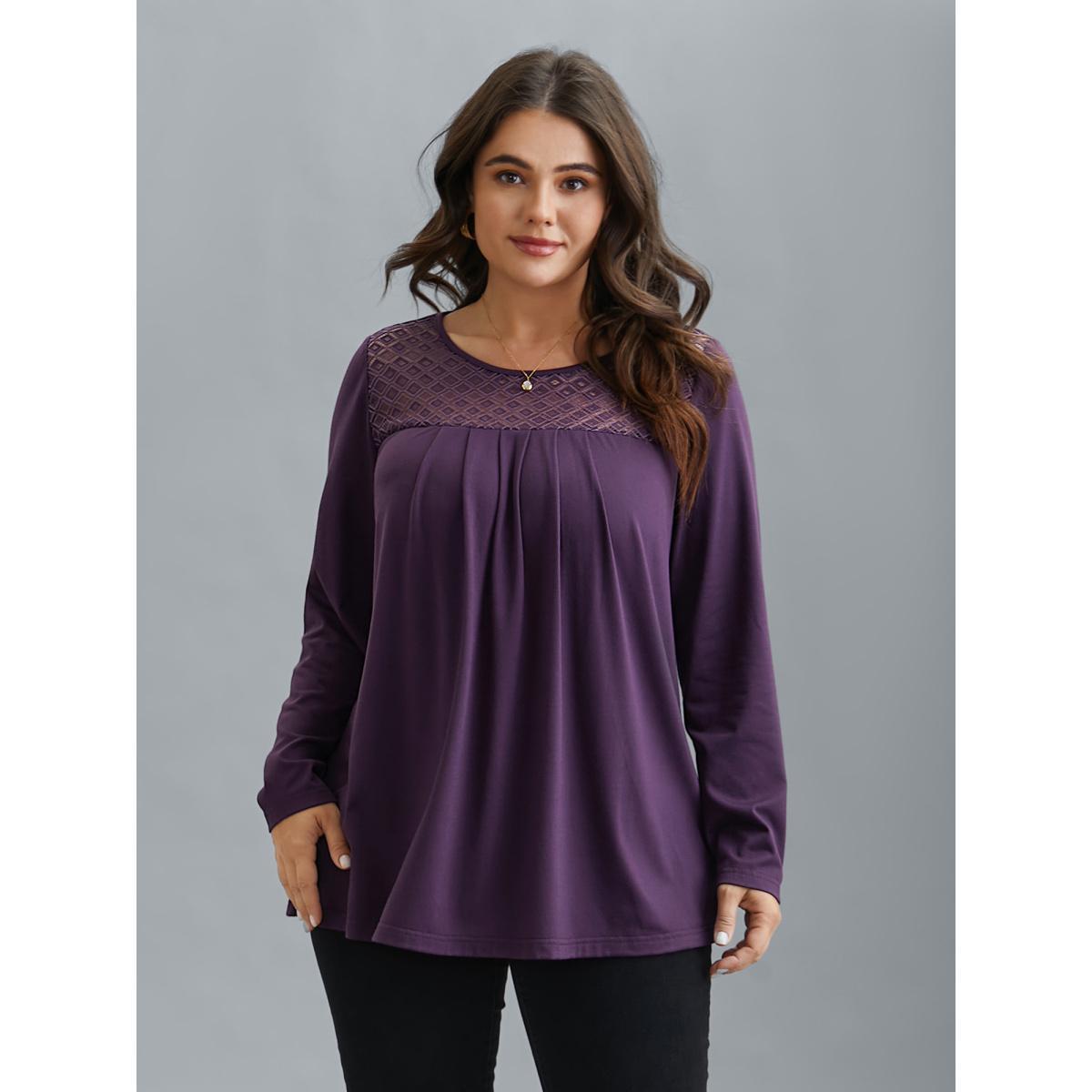Plus Size Crew Neck Lace Detail Pleated T-Shirt Eggplant Women Elegant See through Round Neck Everyday T-shirts BloomChic 30/6X Product Image