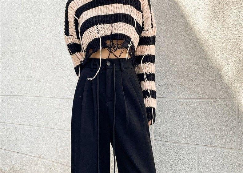 High Rise Plain Inverted Pleated Wide Leg Pants Product Image