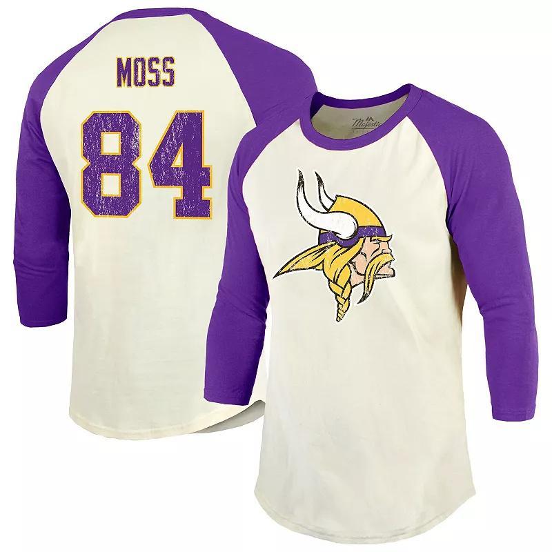 Men's Majestic Threads Randy Moss Cream/Purple Minnesota Vikings Retired Player Name & Number 3/4 Raglan Sleeve T-Shirt, Size: XL, Beige Product Image