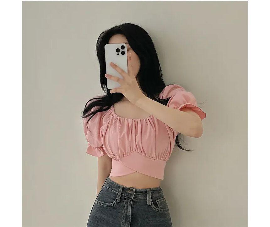 Short-Sleeve Square Neck Plain Crop Blouse Product Image