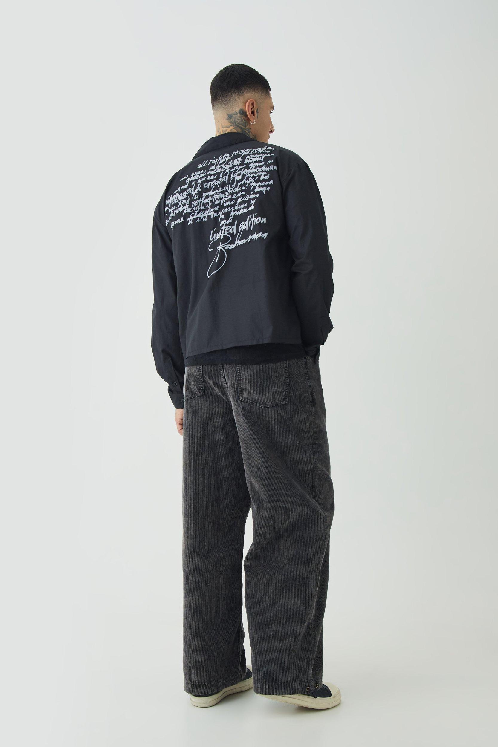 Tall Oversized Script Graphic Boxy Long Sleeve Revere Shirt | boohooMAN USA Product Image