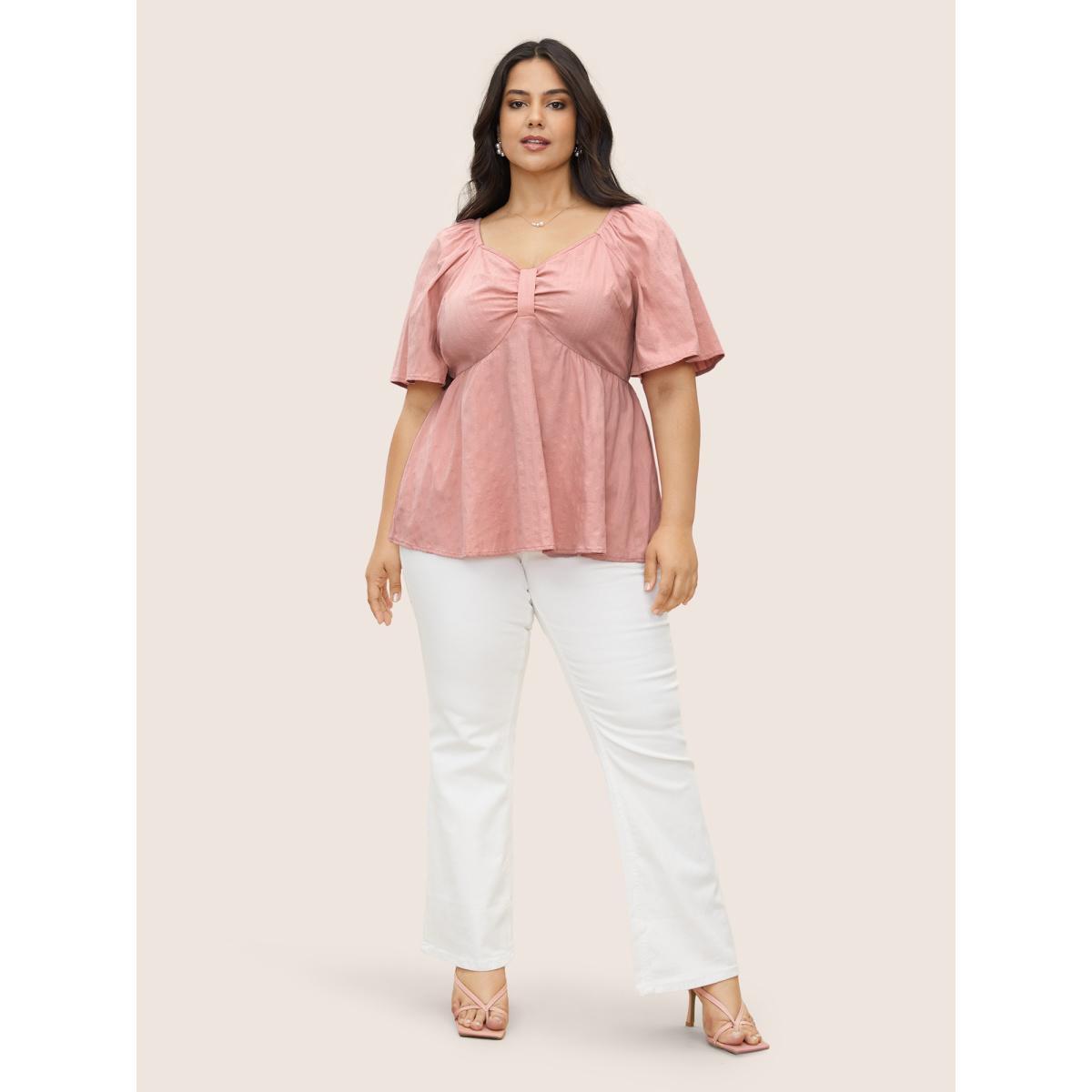 Plus Size Rouge Plain Heart Neckline Ruched Ruffle Sleeve Blouse Women Elegant Half Sleeve Heart neckline Everyday Blouses BloomChic 12/L Product Image