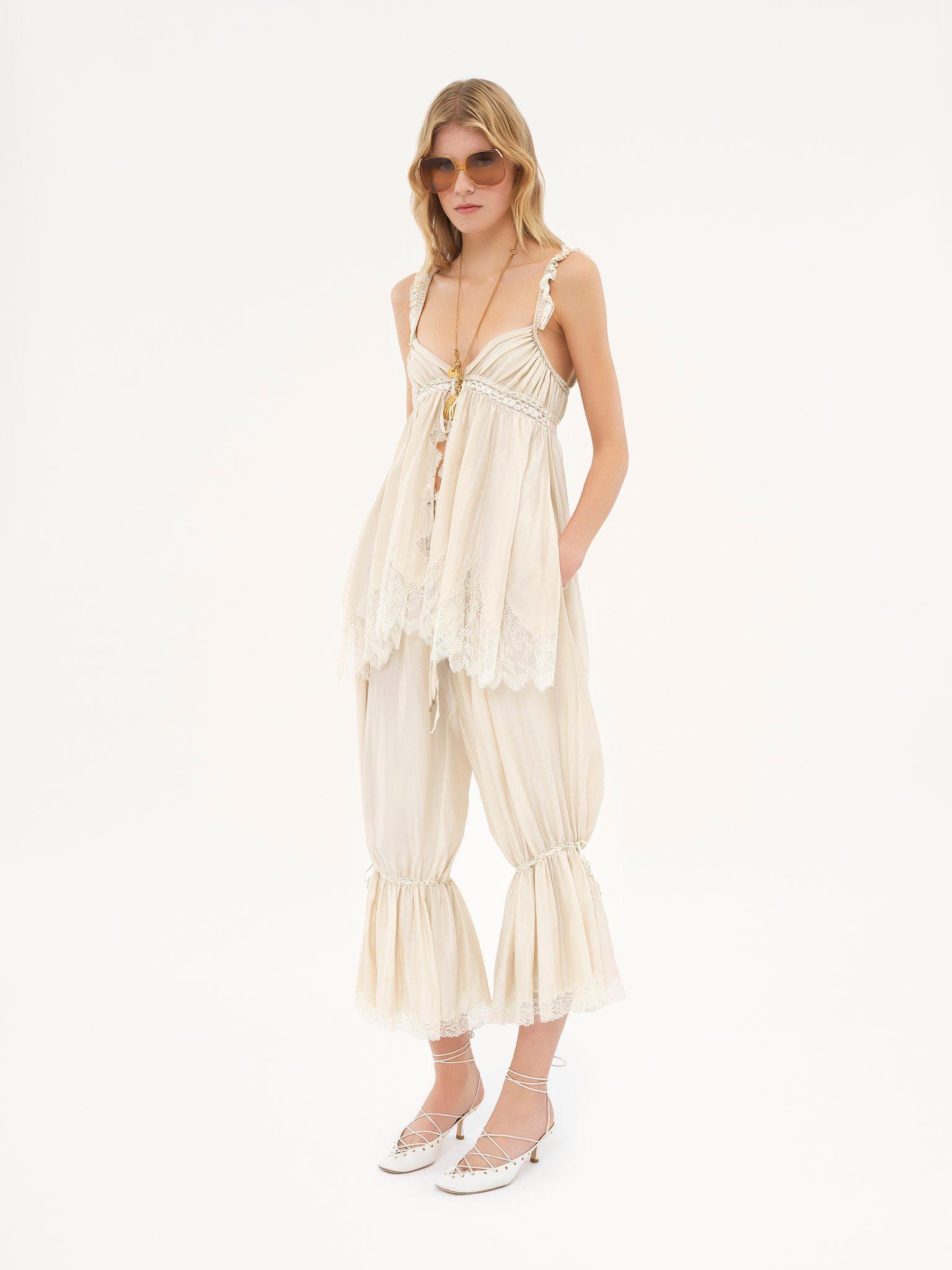 Sleeveless top in washed silk pongé & lace Product Image