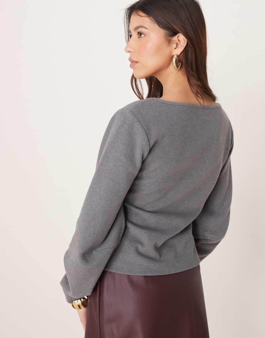 ASOS DESIGN cocoon brushed v neck top in light gray Product Image