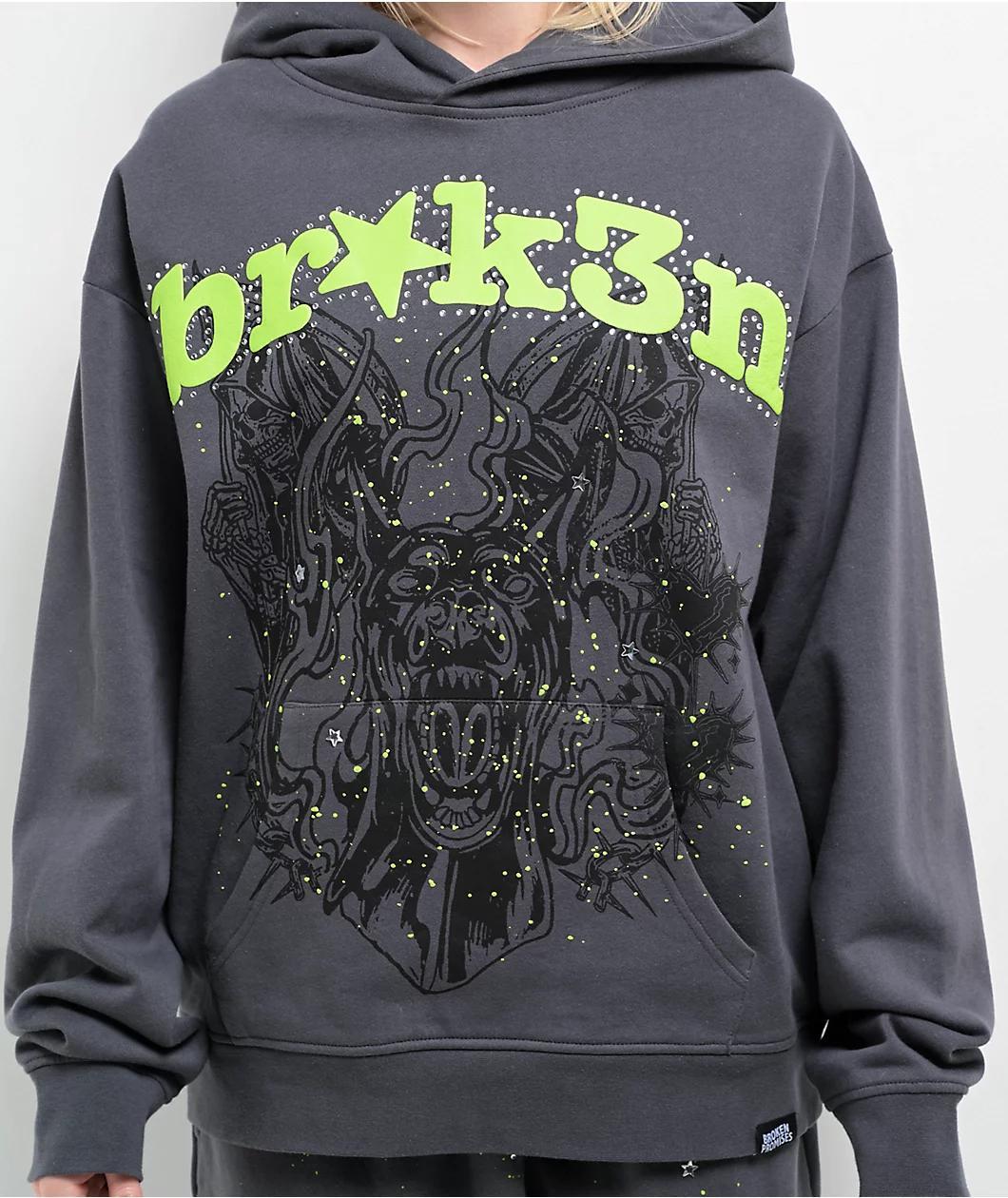 Broken Promises Beware Grey Rhinestone Hoodie Product Image