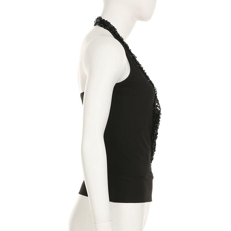 Halter-Neck Sequin Open Back Slim Fit Crop Tank Top Product Image
