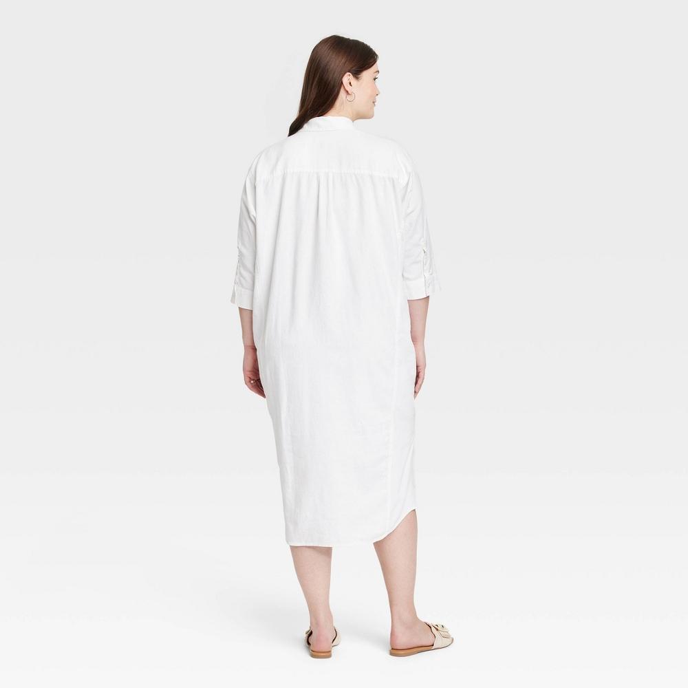 Womens 3/4 Sleeve Midi Shirtdress - Universal Thread White XXL: Linen Rayon Blend, Front Button Down Product Image