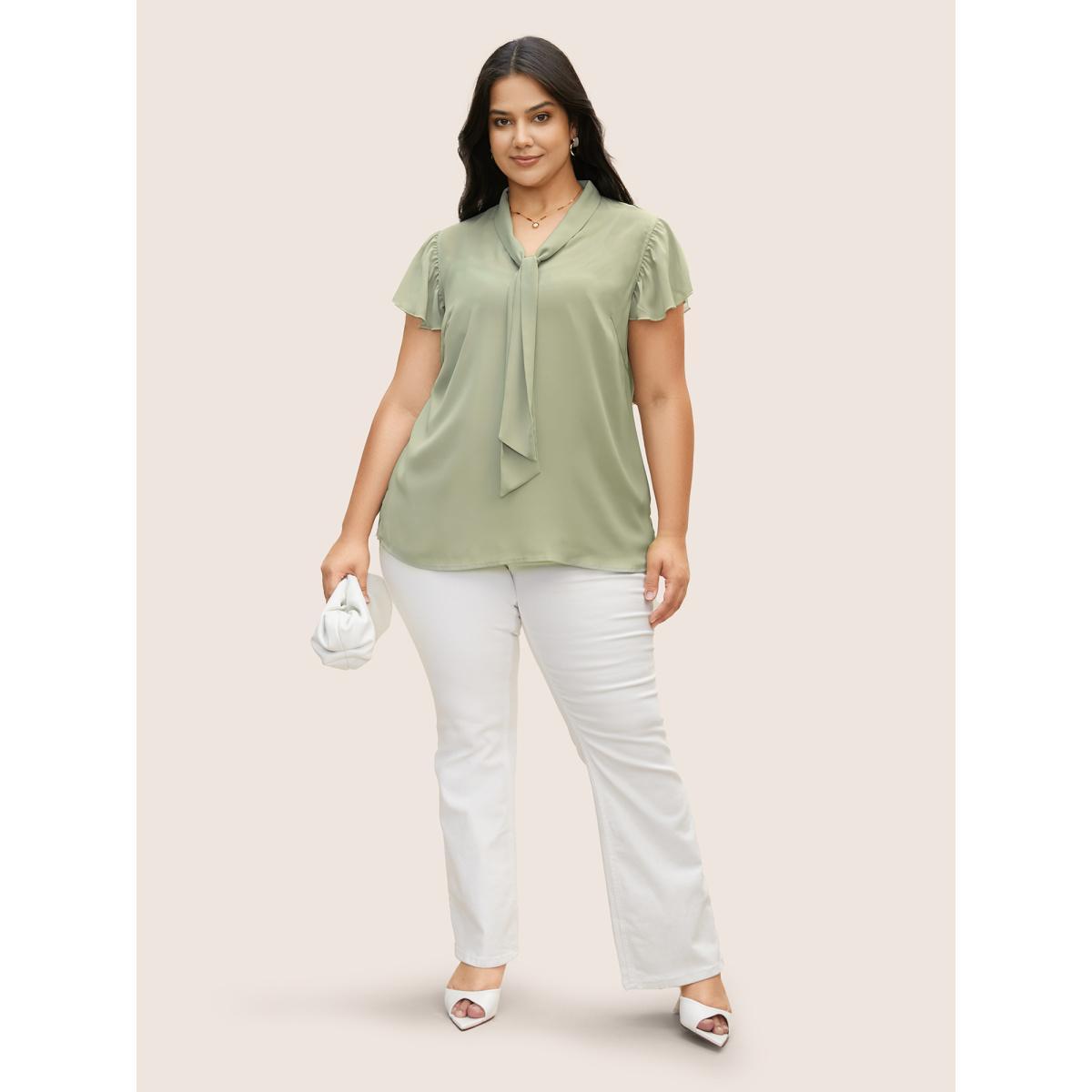 Plus Size Palemauve Ribbon Tied Collar Ruffle Sleeve Blouse Women At the Office Short sleeve Ribbon-tied collar Work Blouses BloomChic 14-16/1X Product Image
