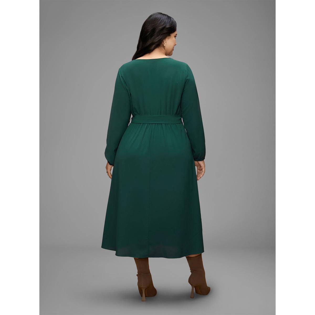 Plus Size Asymmetrical Neckline Waist-Tie Midi Dress DarkSlateGray Women Elegant Belted Party Curvy Bloomchic 30/6X Product Image