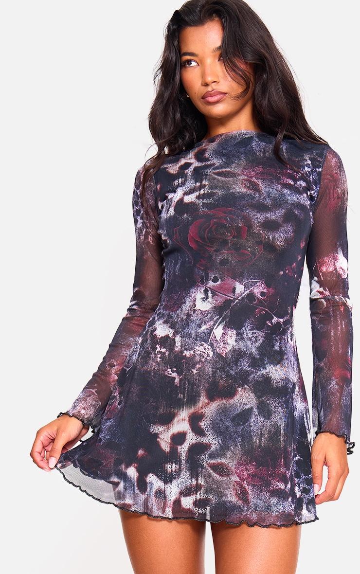 Dark Purple Mesh Long Sleeve Tie Back Shift Dress Product Image