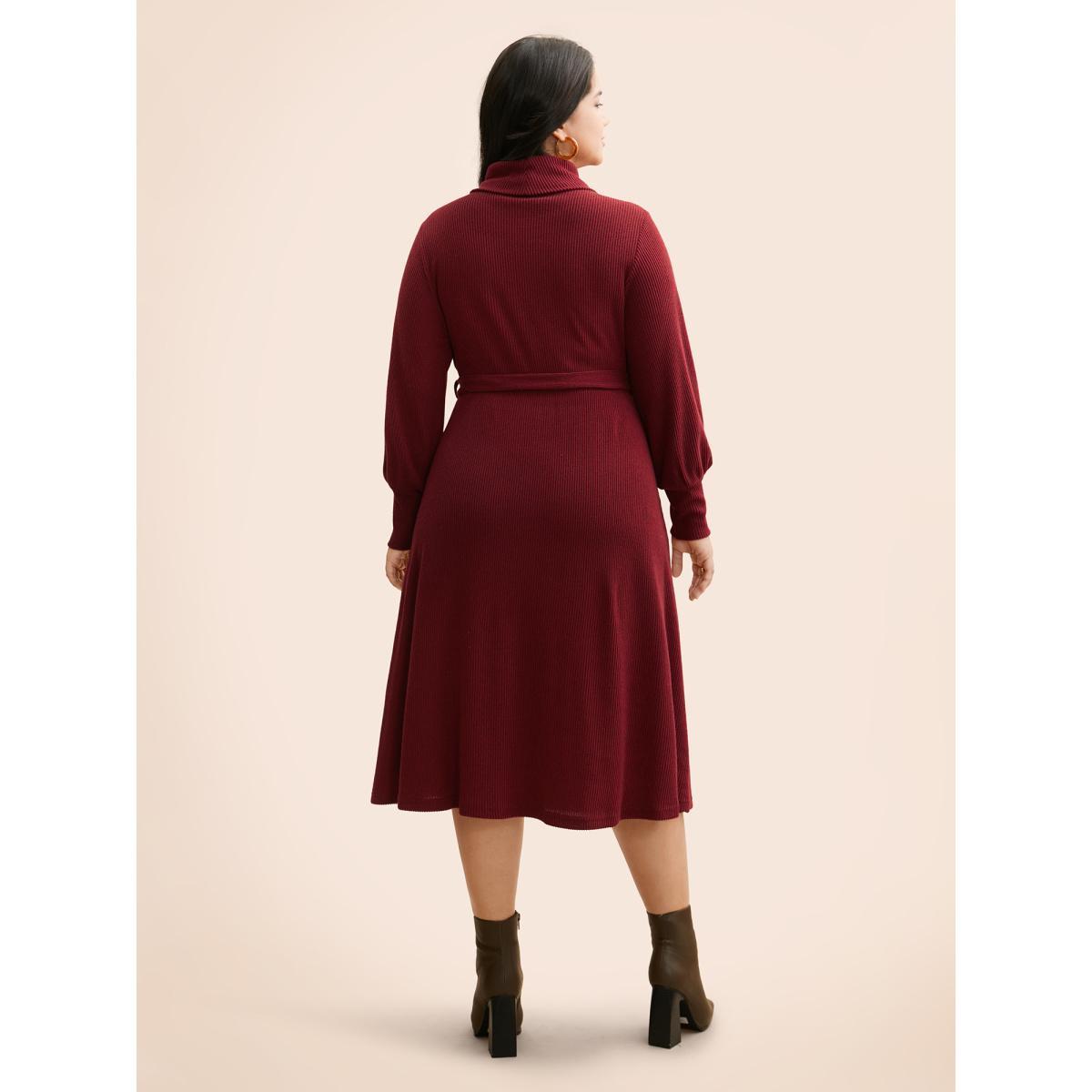 Plus Size Turtleneck Belted High Stretch Knit Dress Burgundy Women Casual Texture Knit Dresses Bloomchic 22-24/3X Product Image