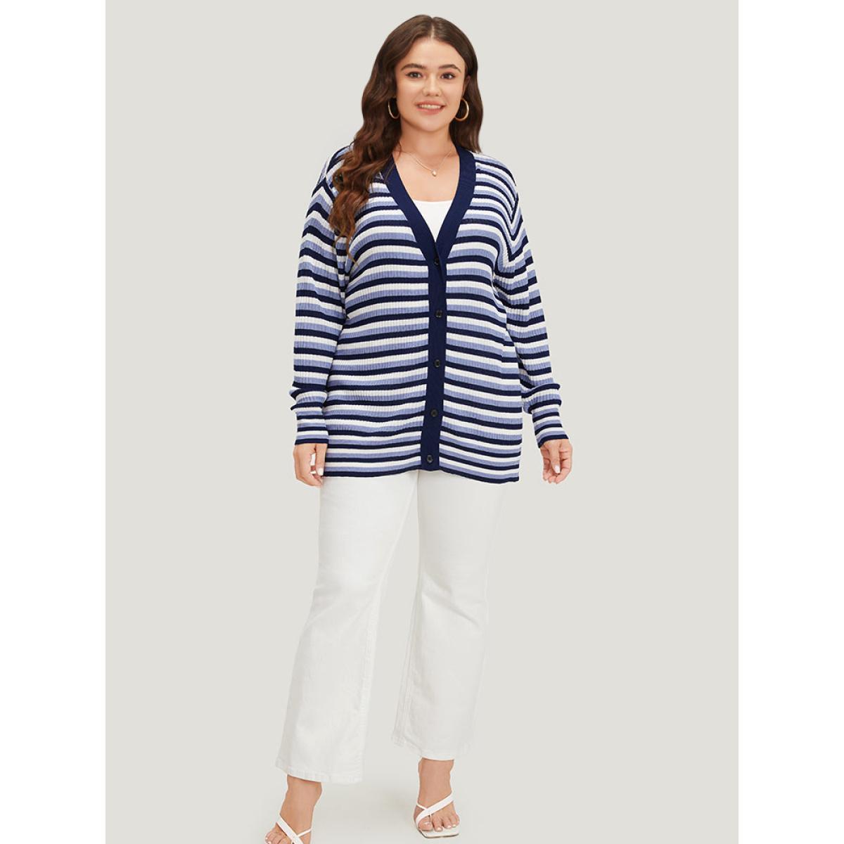 Plus Size Contrast Striped Rib Knit Button Through Cardigan Indigo Women Casual Loose Long Sleeve Dailywear Cardigans BloomChic 26/4X Product Image