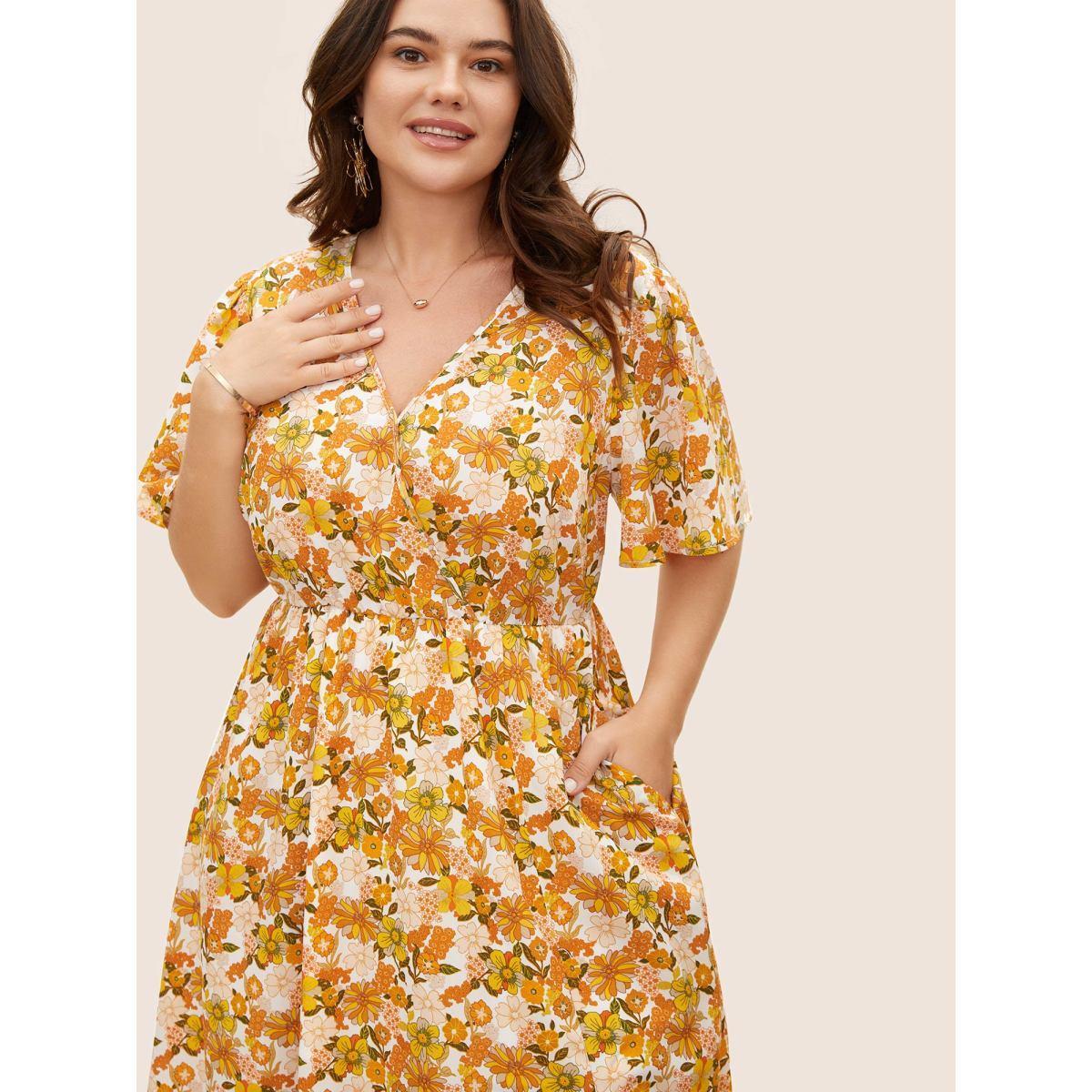 Plus Size Overlap Collar Floral Elastic Waist Midi Dress Multicolor Women Elegant Non Overlap Collar Short sleeve Curvy BloomChic 14-16/1X Product Image