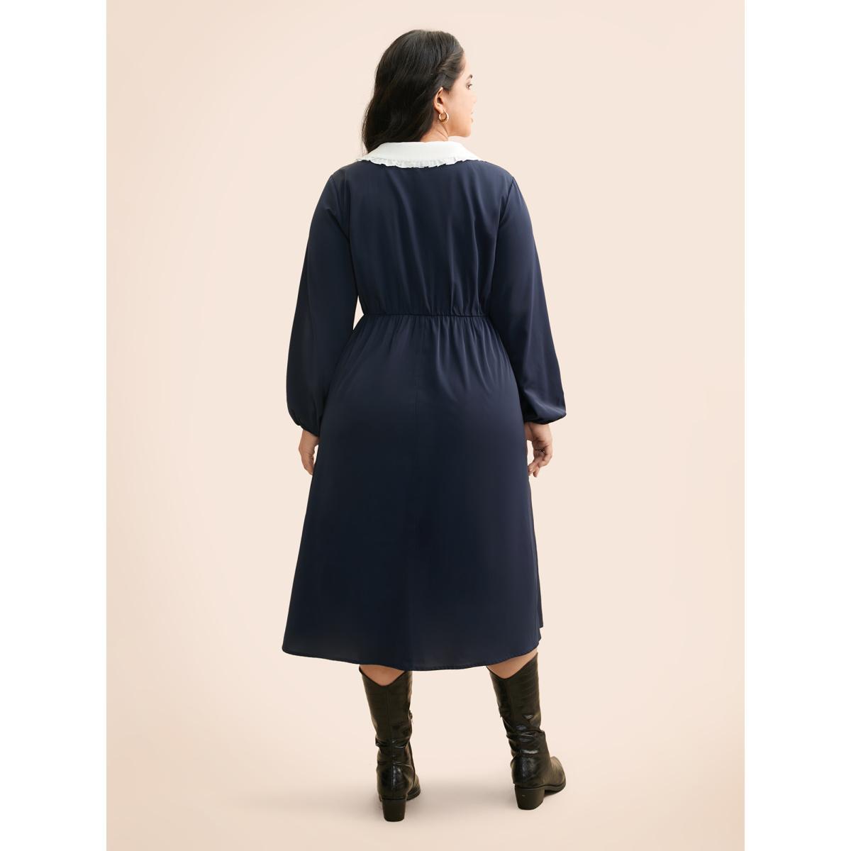 Plus Size Lapel Collar Bowknot Frill Trim Dress Navy Women Elegant Contrast Peter Pan collar Long Sleeve Curvy BloomChic 10/M Product Image